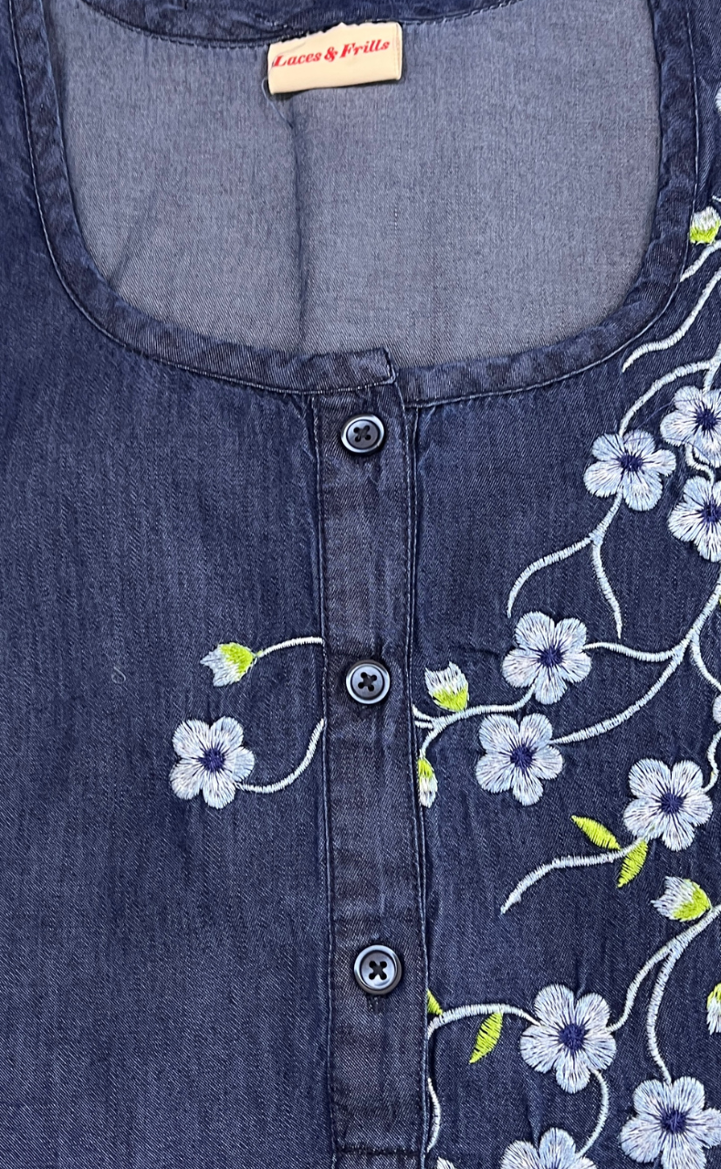 Navy Blue Flora Denim Nighty. Denim Cotton | Laces and Frills - Laces and Frills