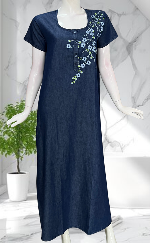 Navy Blue Flora Denim Nighty. Denim Cotton | Laces and Frills - Laces and Frills