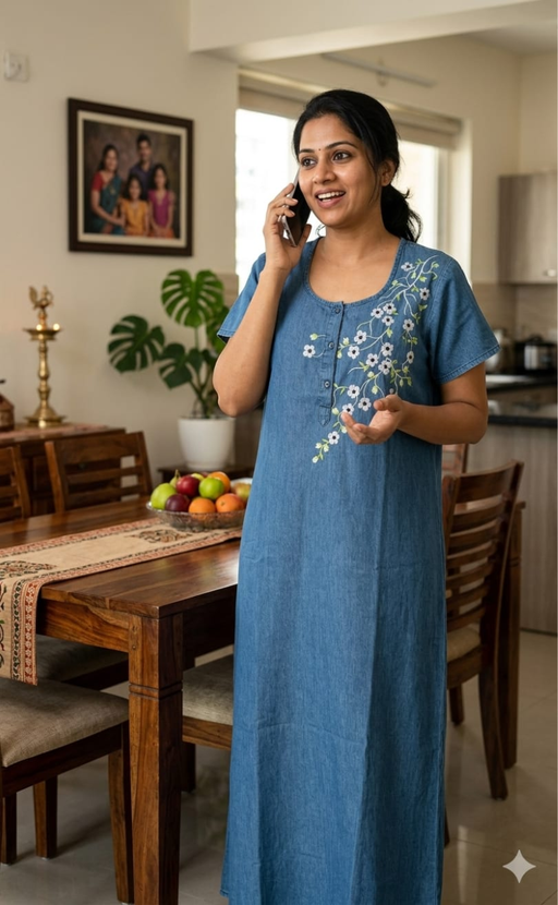 Light Blue Flora Denim Nighty. Denim Cotton | Laces and Frills - Laces and Frills