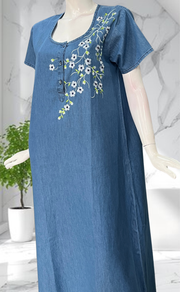 Light Blue Flora Denim Nighty. Denim Cotton | Laces and Frills - Laces and Frills