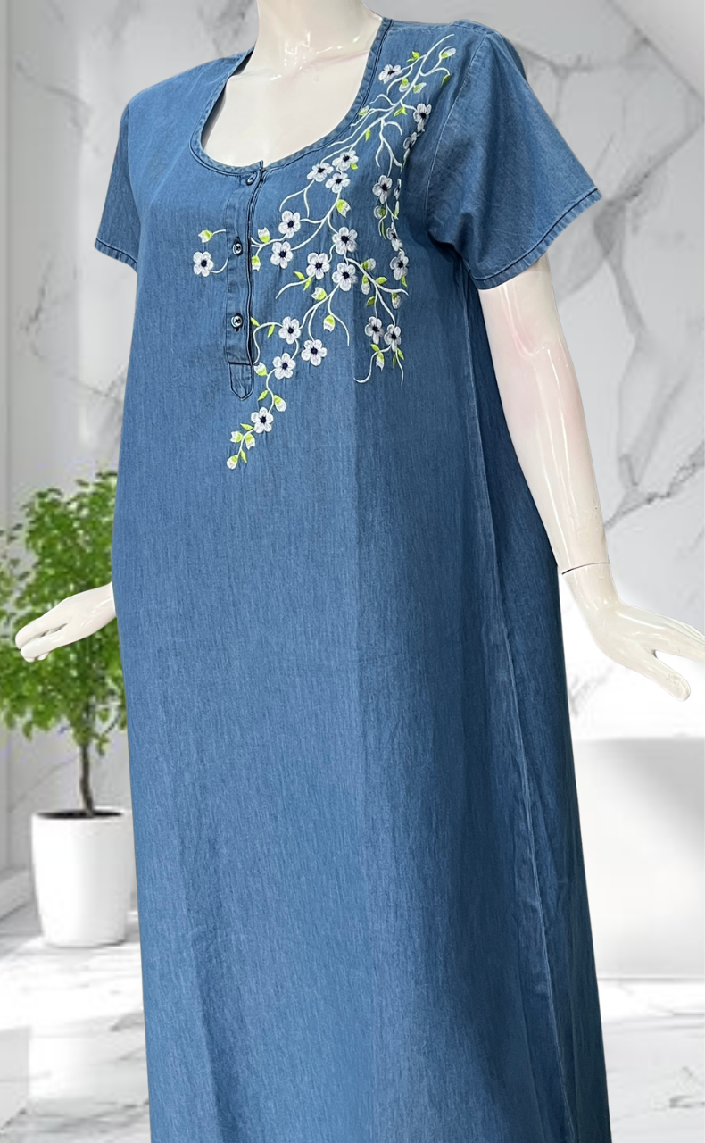 Light Blue Flora Denim Nighty. Denim Cotton | Laces and Frills - Laces and Frills