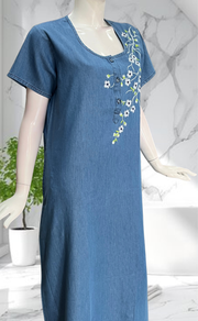 Light Blue Flora Denim Nighty. Denim Cotton | Laces and Frills - Laces and Frills