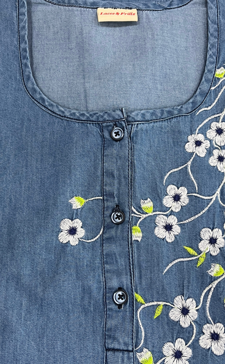Light Blue Flora Denim Nighty. Denim Cotton | Laces and Frills - Laces and Frills