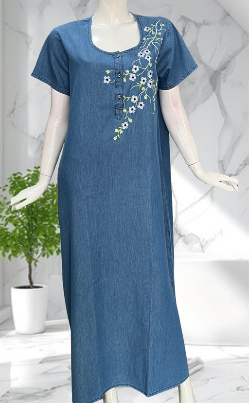 Light Blue Flora Denim Nighty. Denim Cotton | Laces and Frills - Laces and Frills