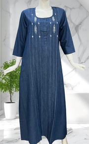 Navy Blue Floral Denim Long Sleeve Nighty. Denim Cotton | Laces and Frills - Laces and Frills