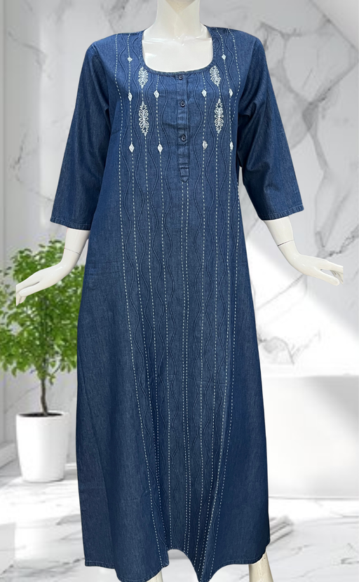 Navy Blue Floral Denim Long Sleeve Nighty. Denim Cotton | Laces and Frills - Laces and Frills