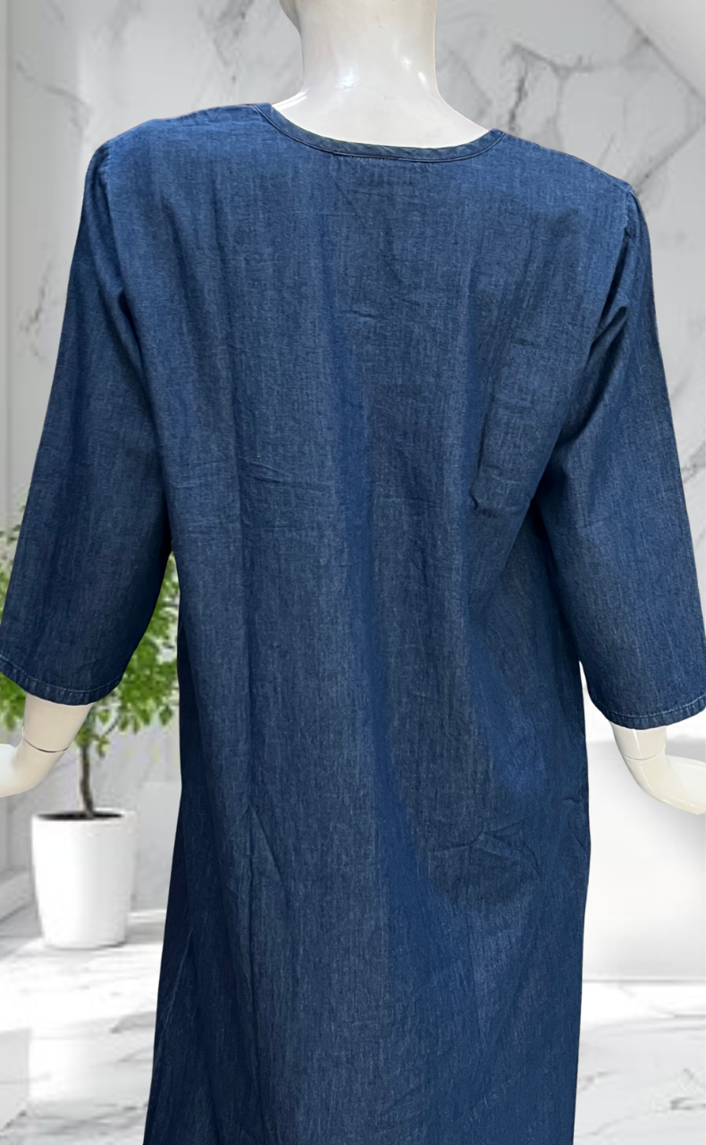 Navy Blue Floral Denim Long Sleeve Nighty. Denim Cotton | Laces and Frills - Laces and Frills