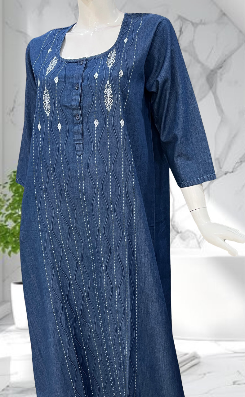 Navy Blue Floral Denim Long Sleeve Nighty. Denim Cotton | Laces and Frills - Laces and Frills