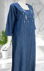 Navy Blue Floral Denim Long Sleeve Nighty. Denim Cotton | Laces and Frills - Laces and Frills
