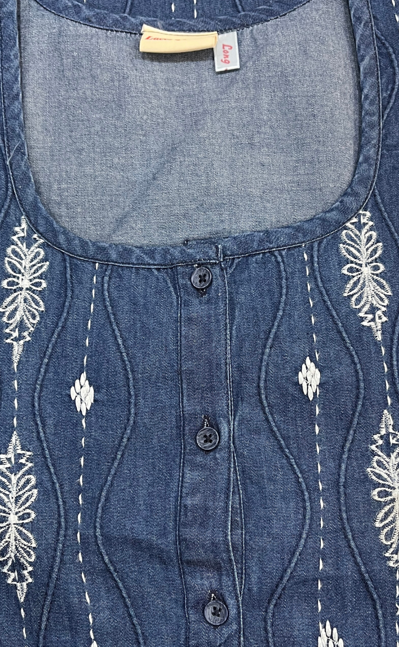 Navy Blue Floral Denim Long Sleeve Nighty. Denim Cotton | Laces and Frills - Laces and Frills