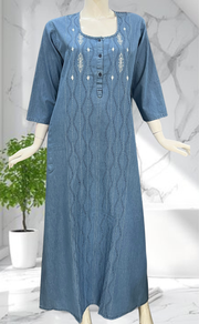 Light Blue Floral Denim Long Sleeve Nighty. Denim Cotton | Laces and Frills - Laces and Frills