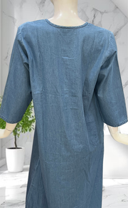 Light Blue Floral Denim Long Sleeve Nighty. Denim Cotton | Laces and Frills - Laces and Frills
