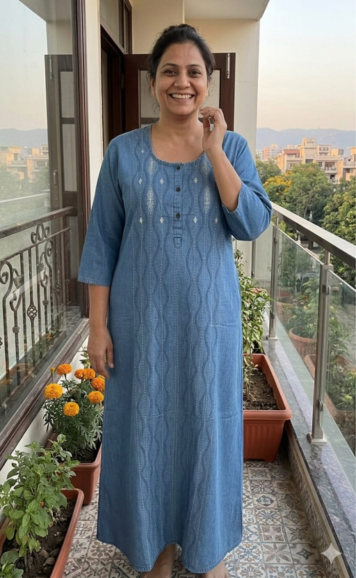 Light Blue Floral Denim Long Sleeve Nighty. Denim Cotton | Laces and Frills - Laces and Frills
