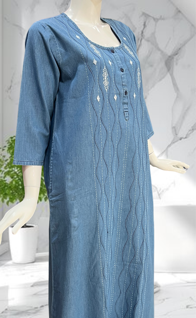 Light Blue Floral Denim Long Sleeve Nighty. Denim Cotton | Laces and Frills - Laces and Frills