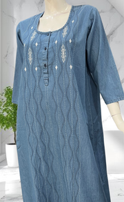 Light Blue Floral Denim Long Sleeve Nighty. Denim Cotton | Laces and Frills - Laces and Frills