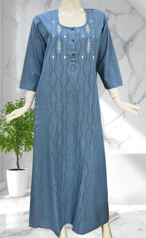 Light Blue Floral Denim Long Sleeve Nighty. Denim Cotton | Laces and Frills - Laces and Frills