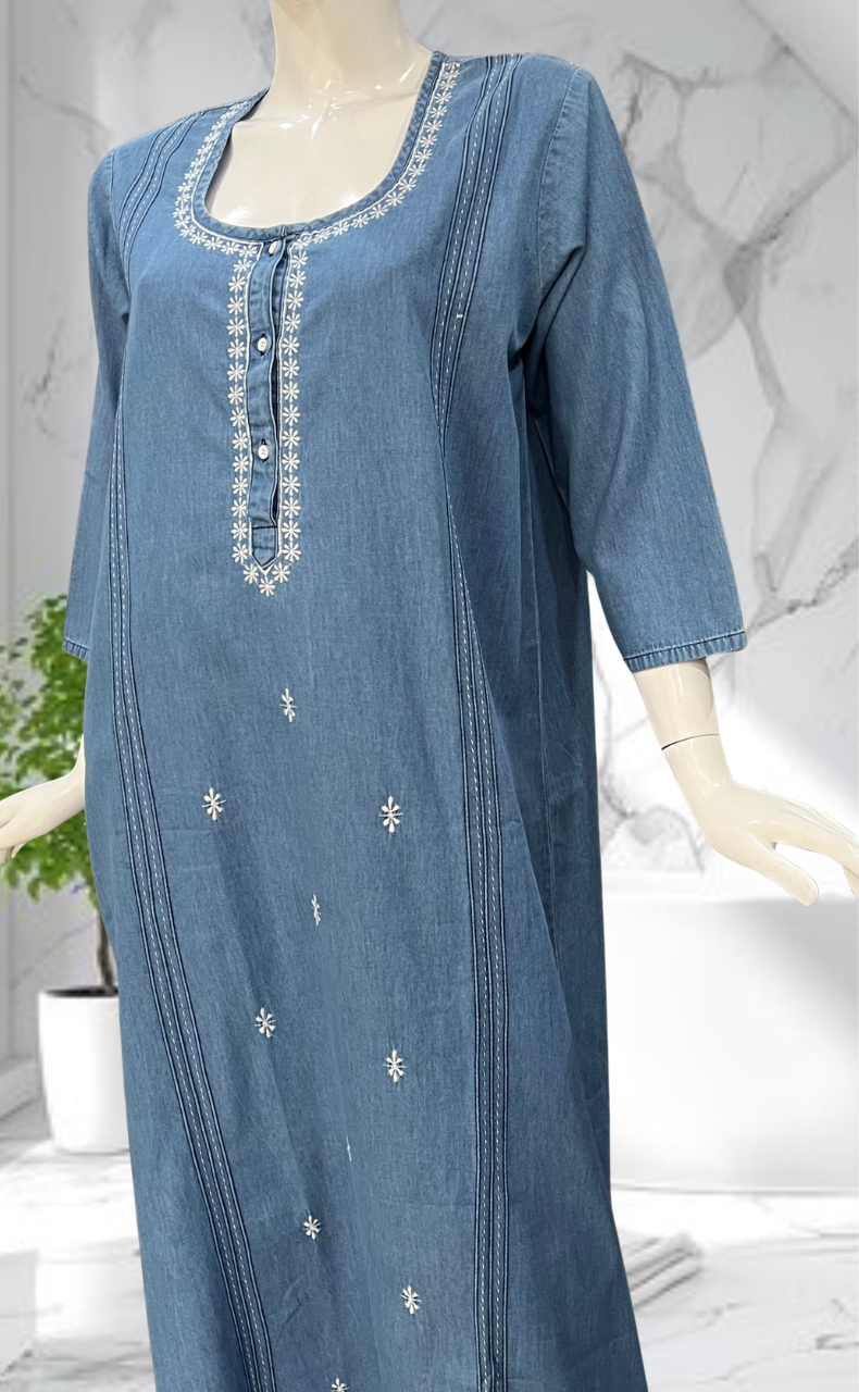 Light Blue Floral Denim Long Sleeve Nighty. Denim Cotton | Laces and Frills - Laces and Frills