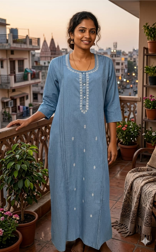 Light Blue Floral Denim Long Sleeve Nighty. Denim Cotton | Laces and Frills - Laces and Frills