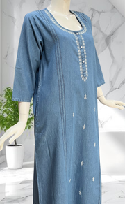 Light Blue Floral Denim Long Sleeve Nighty. Denim Cotton | Laces and Frills - Laces and Frills