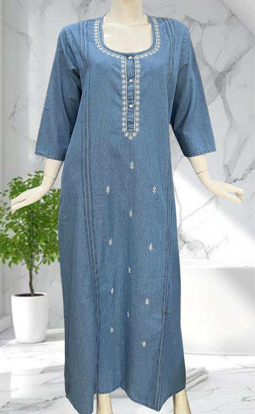 Light Blue Floral Denim Long Sleeve Nighty. Denim Cotton | Laces and Frills - Laces and Frills