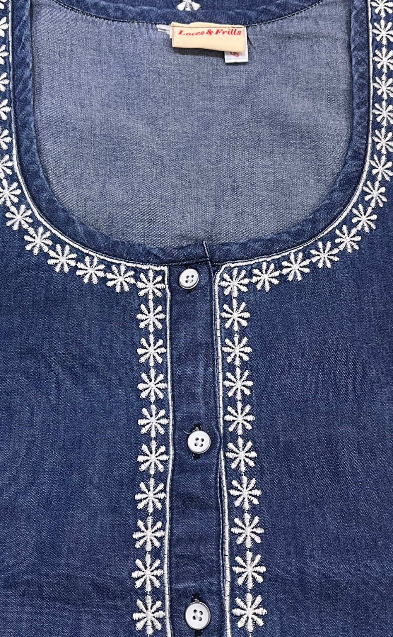 Navy Blue Flora Denim Long Sleeve Nighty. Denim Cotton | Laces and Frills - Laces and Frills