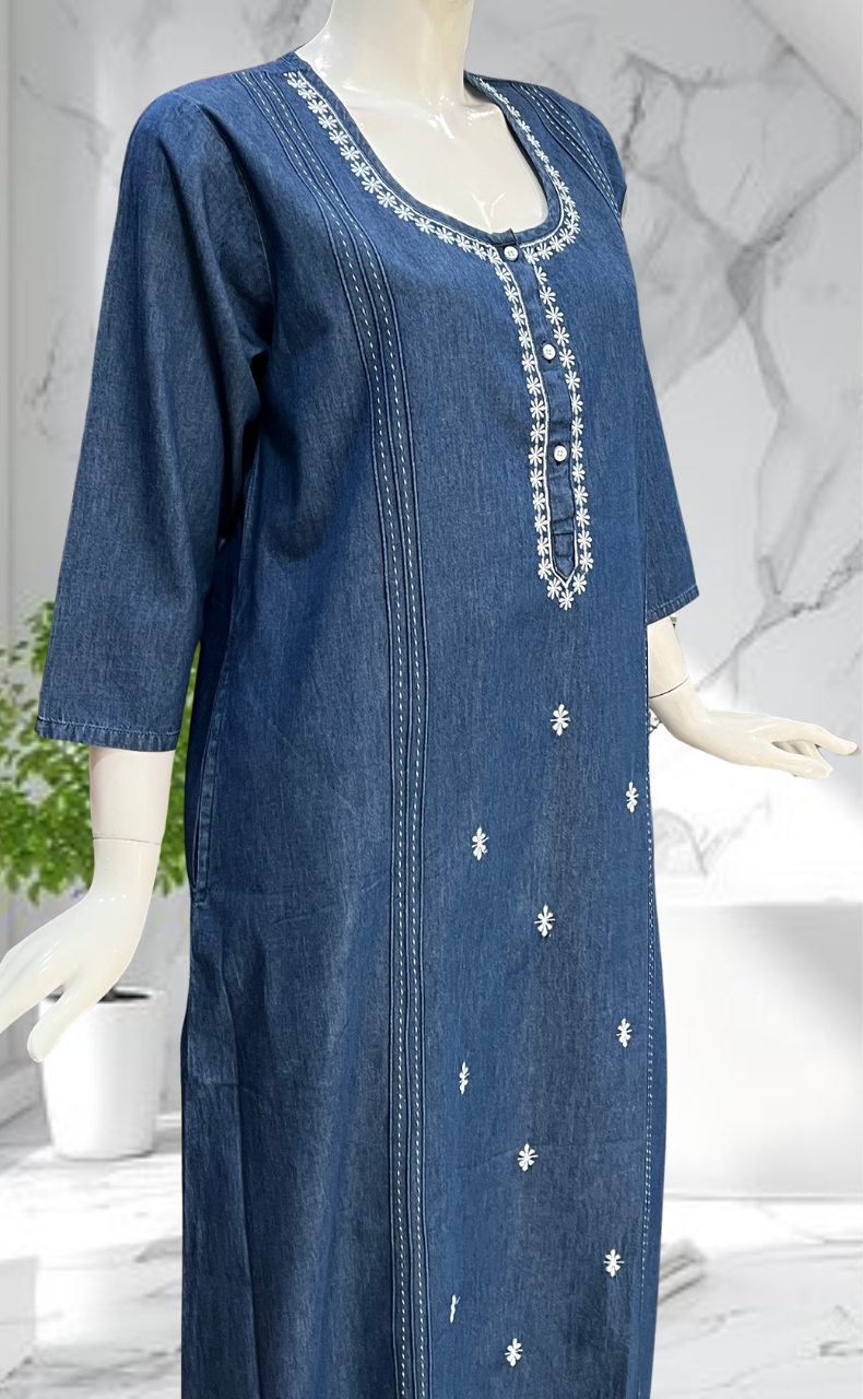 Navy Blue Flora Denim Long Sleeve Nighty. Denim Cotton | Laces and Frills - Laces and Frills