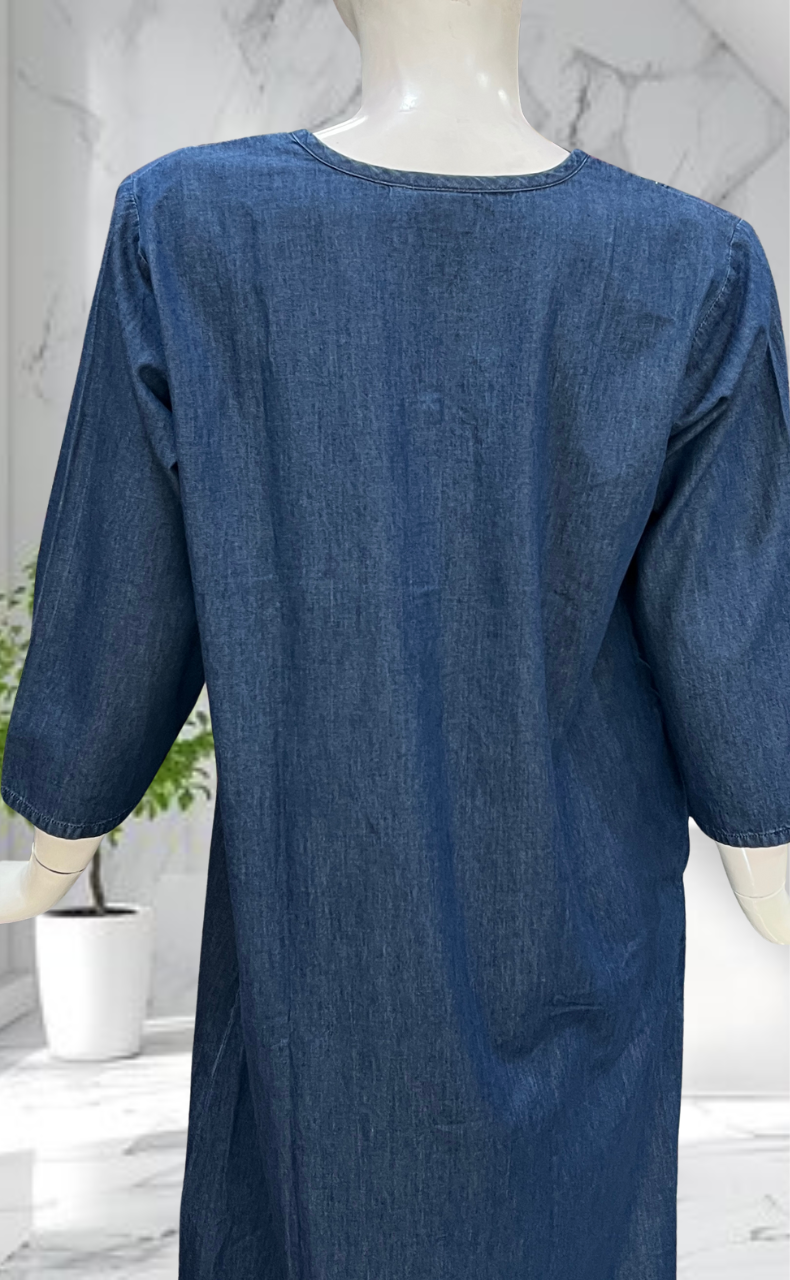 Navy Blue Flora Denim Long Sleeve Nighty. Denim Cotton | Laces and Frills - Laces and Frills