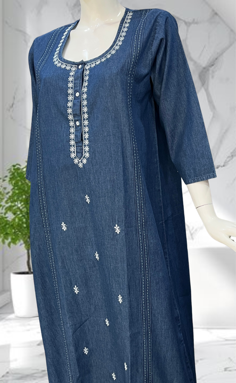 Navy Blue Flora Denim Long Sleeve Nighty. Denim Cotton | Laces and Frills - Laces and Frills