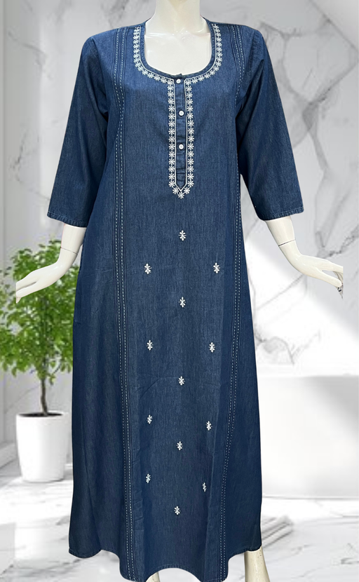 Navy Blue Flora Denim Long Sleeve Nighty. Denim Cotton | Laces and Frills - Laces and Frills