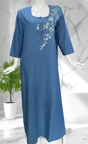 Light Blue Flora Denim Long Sleeve Nighty. Denim Cotton | Laces and Frills - Laces and Frills