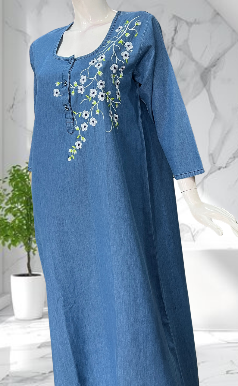 Light Blue Flora Denim Long Sleeve Nighty. Denim Cotton | Laces and Frills - Laces and Frills