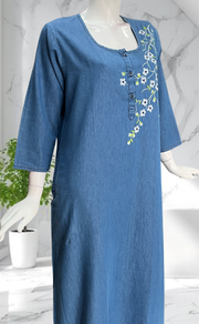 Light Blue Flora Denim Long Sleeve Nighty. Denim Cotton | Laces and Frills - Laces and Frills