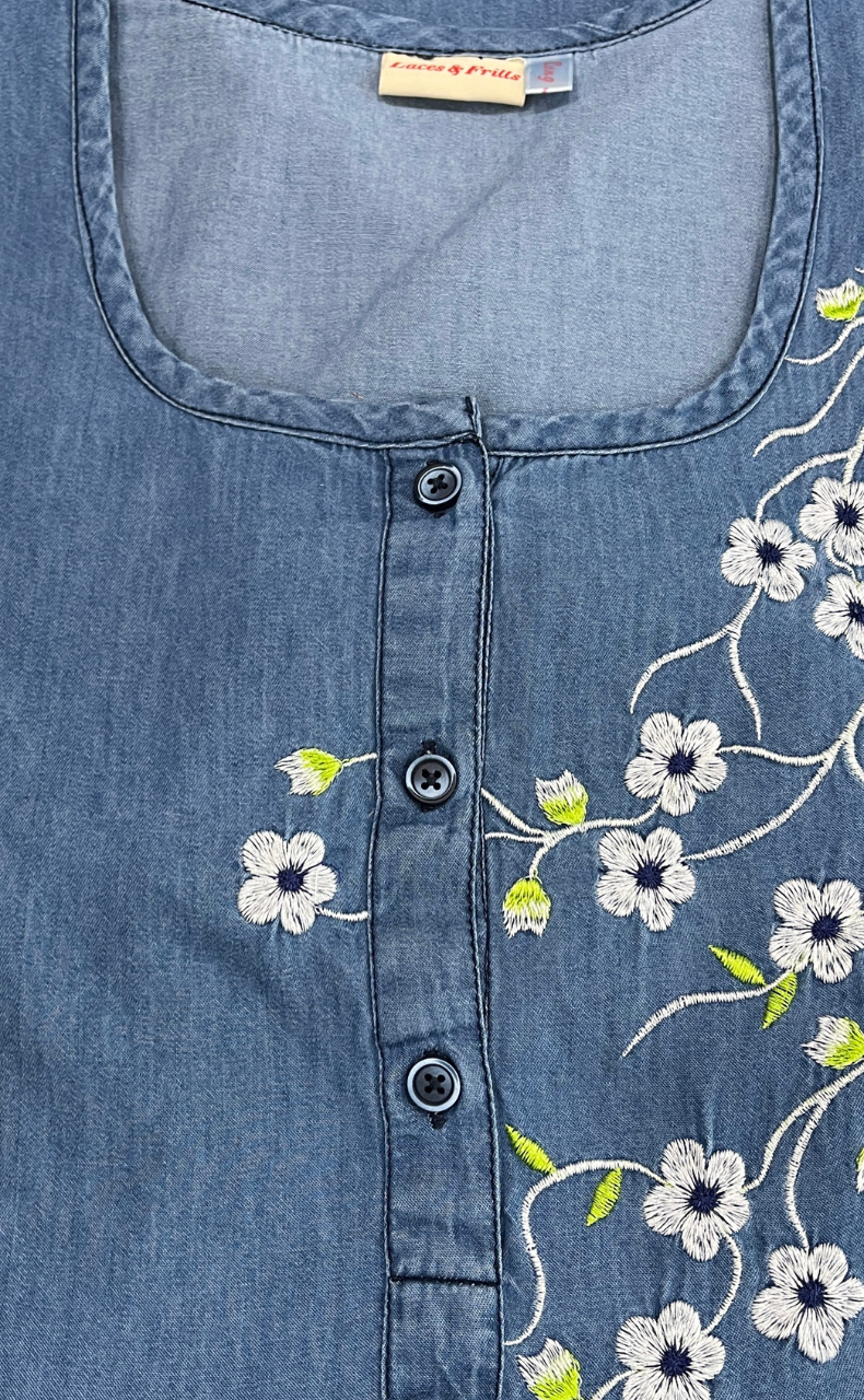 Light Blue Flora Denim Long Sleeve Nighty. Denim Cotton | Laces and Frills - Laces and Frills