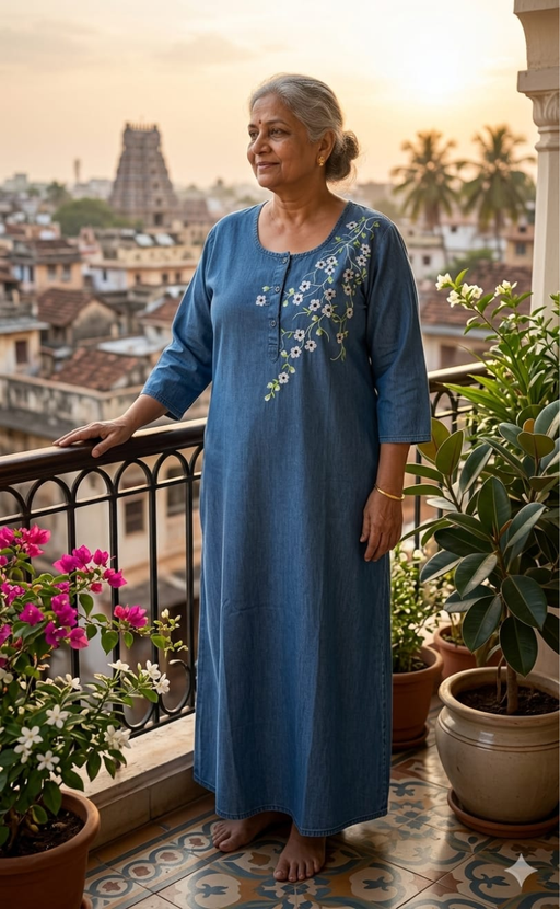 Light Blue Flora Denim Long Sleeve Nighty. Denim Cotton | Laces and Frills - Laces and Frills
