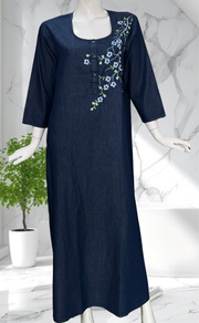 Navy Blue Flora Denim Long Sleeve Nighty. Denim Cotton | Laces and Frills - Laces and Frills