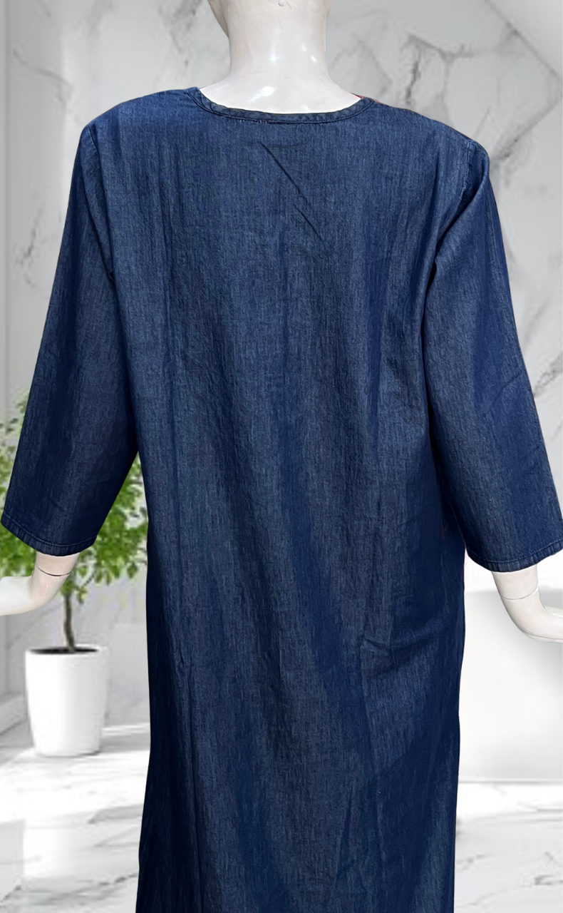 Navy Blue Flora Denim Long Sleeve Nighty. Denim Cotton | Laces and Frills - Laces and Frills