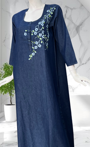 Navy Blue Flora Denim Long Sleeve Nighty. Denim Cotton | Laces and Frills - Laces and Frills