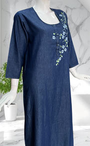 Navy Blue Flora Denim Long Sleeve Nighty. Denim Cotton | Laces and Frills - Laces and Frills