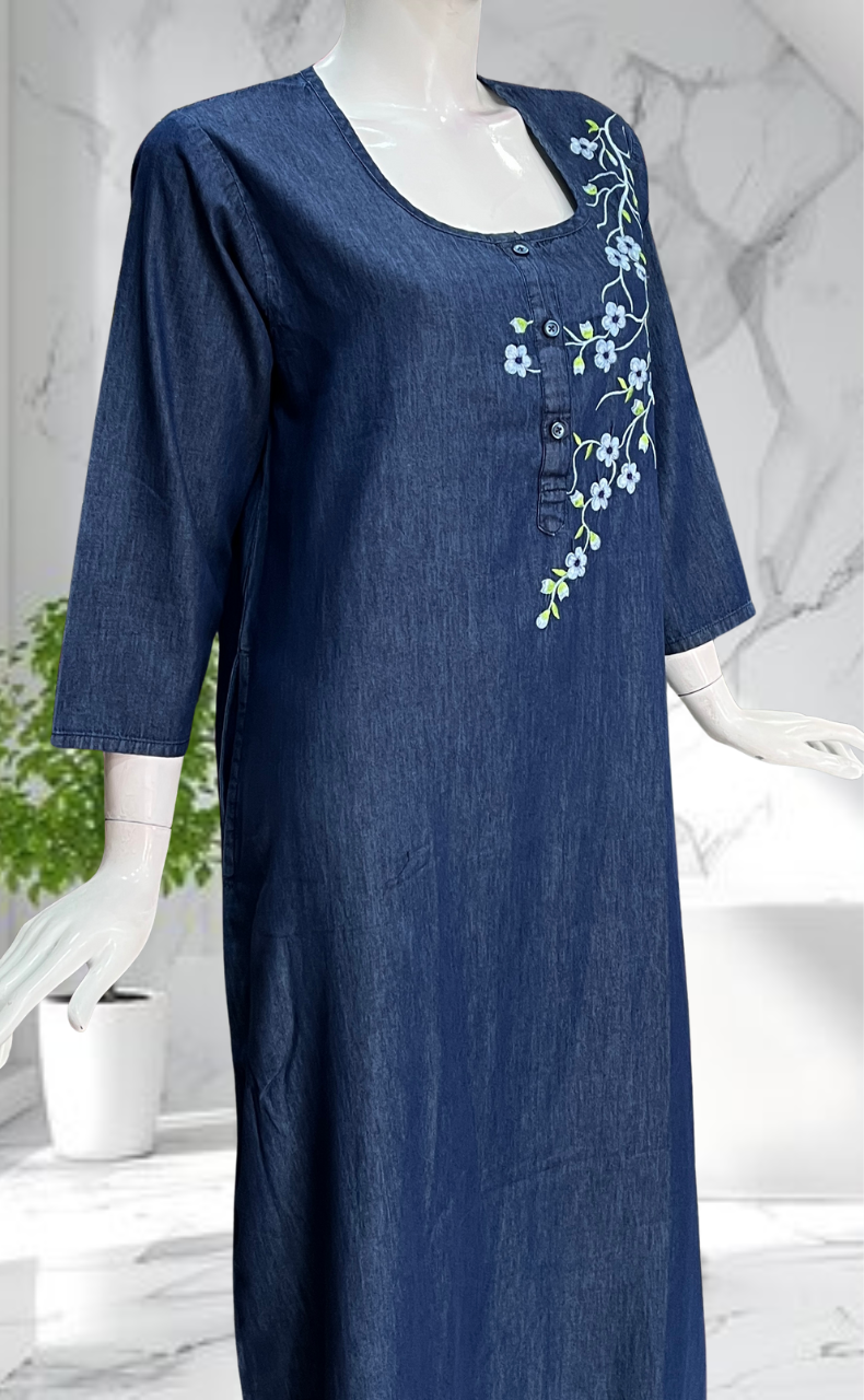 Navy Blue Flora Denim Long Sleeve Nighty. Denim Cotton | Laces and Frills - Laces and Frills