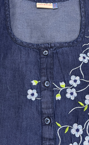 Navy Blue Flora Denim Long Sleeve Nighty. Denim Cotton | Laces and Frills - Laces and Frills