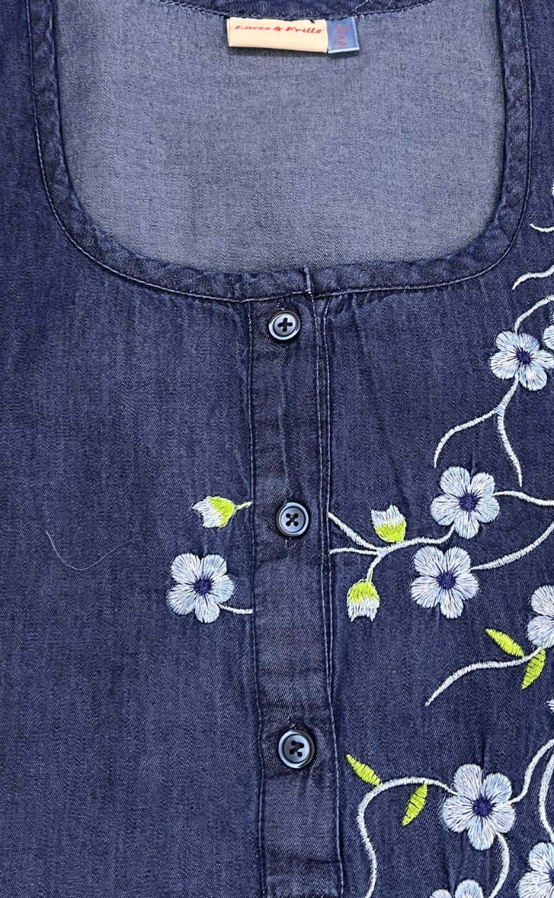Navy Blue Flora Denim Long Sleeve Nighty. Denim Cotton | Laces and Frills - Laces and Frills