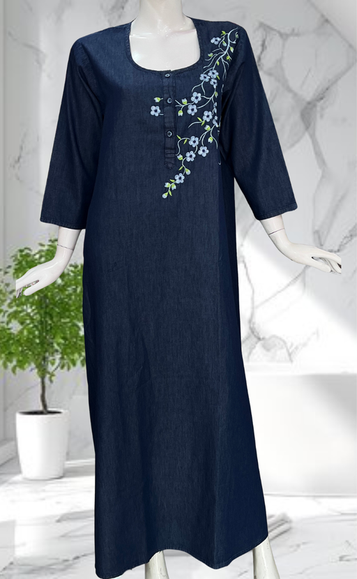 Navy Blue Flora Denim Long Sleeve Nighty. Denim Cotton | Laces and Frills - Laces and Frills