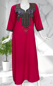 Rani Pink Bhopali Embroidery Soft Cotton Long Sleeves Nighty. Soft Breathable Fabric | Laces and Frills - Laces and Frills
