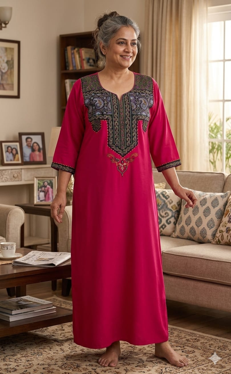 Rani Pink Bhopali Embroidery Soft Cotton Long Sleeves Nighty. Soft Breathable Fabric | Laces and Frills - Laces and Frills