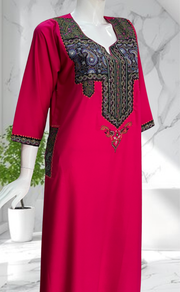 Rani Pink Bhopali Embroidery Soft Cotton Long Sleeves Nighty. Soft Breathable Fabric | Laces and Frills - Laces and Frills
