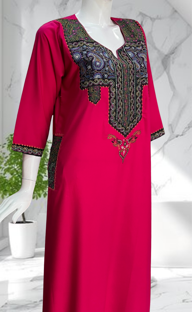 Rani Pink Bhopali Embroidery Soft Cotton Long Sleeves Nighty. Soft Breathable Fabric | Laces and Frills - Laces and Frills