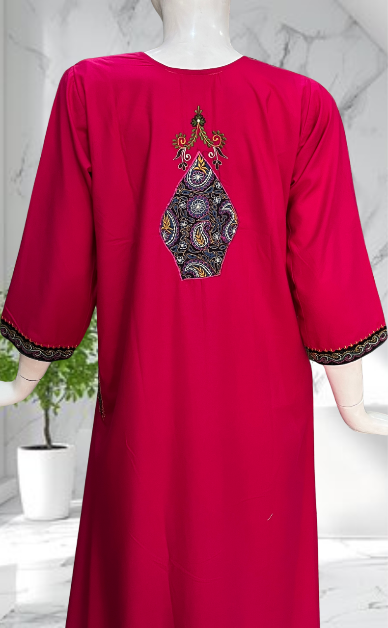 Rani Pink Bhopali Embroidery Soft Cotton Long Sleeves Nighty. Soft Breathable Fabric | Laces and Frills - Laces and Frills