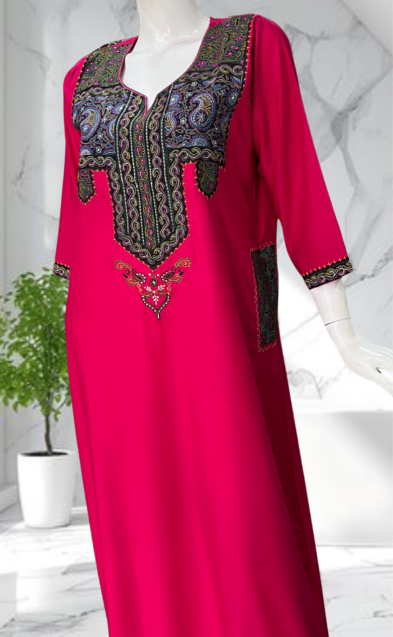 Rani Pink Bhopali Embroidery Soft Cotton Long Sleeves Nighty. Soft Breathable Fabric | Laces and Frills - Laces and Frills