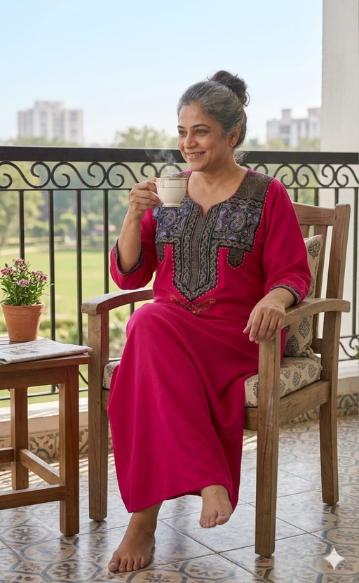 Rani Pink Bhopali Embroidery Soft Cotton Long Sleeves Nighty. Soft Breathable Fabric | Laces and Frills - Laces and Frills