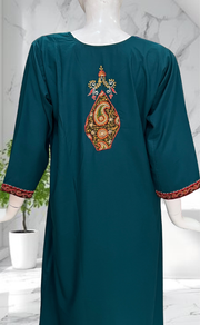 Teal Green Bhopali Embroidery Soft Cotton Long Sleeves Nighty. Soft Breathable Fabric | Laces and Frills - Laces and Frills